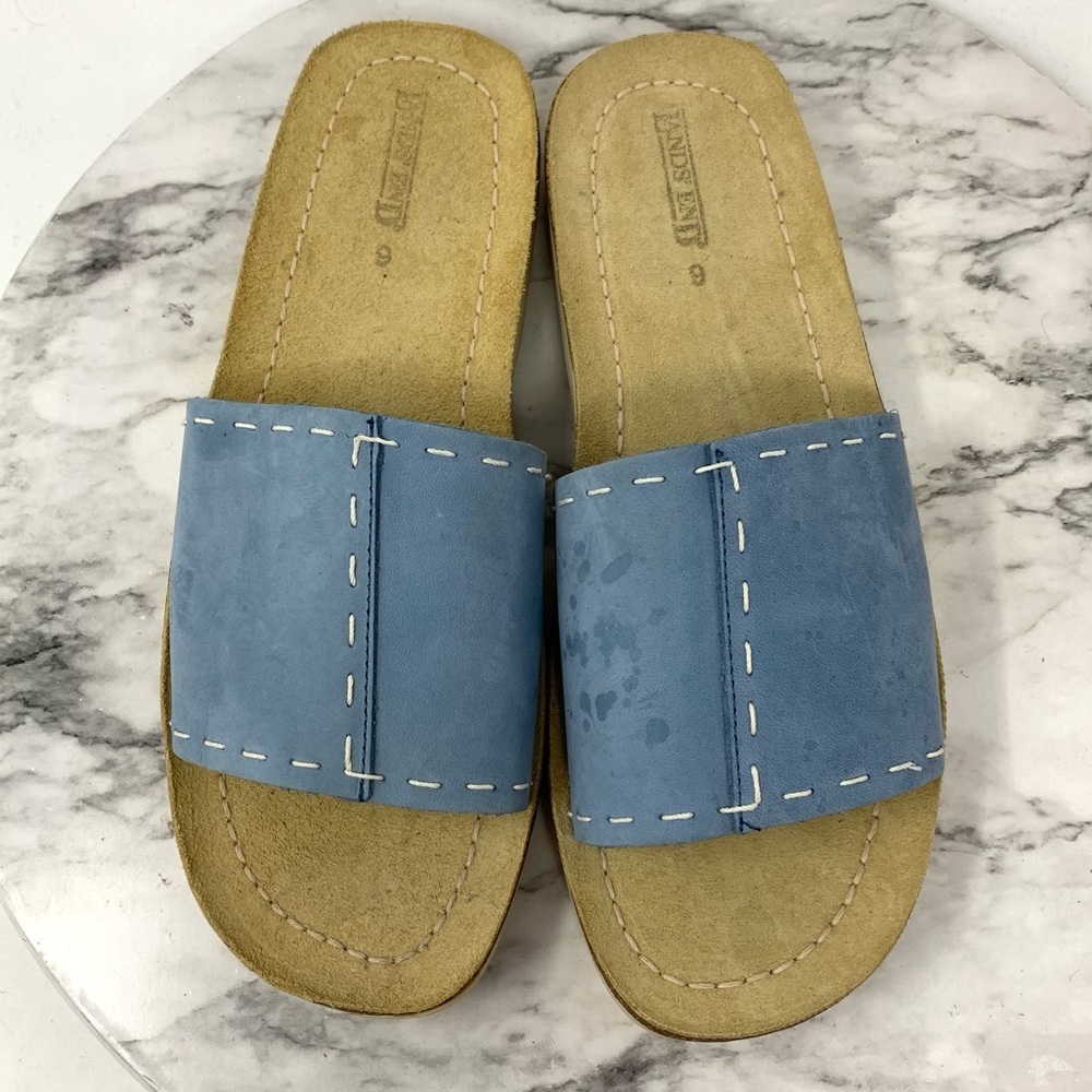 Lands' End Open Toe Top Stitch Blue Leather Slide Sandals 9 Casual Sporty Preppy - Picture 6 of 11